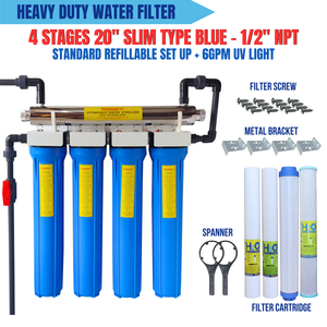 4 Stages 20" Slim Type Standard Refillable Set Up with ^GPM UV Light