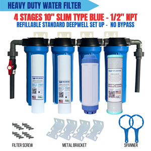 4 Stages 10" Slim Type Refillable Standard Deepwell Set Up 1/2" NPT